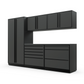 Proslat FusionPlus 10 ft TOOL garage cabinet set in Traffic Gray with Black handles and a Stainless Steel worktop