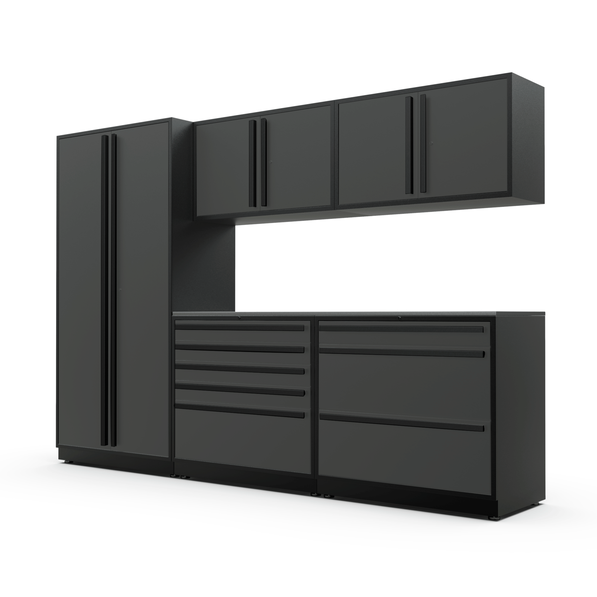 Proslat FusionPlus 10 ft TOOL garage cabinet set in Traffic Gray with Black handles and a Stainless Steel worktop