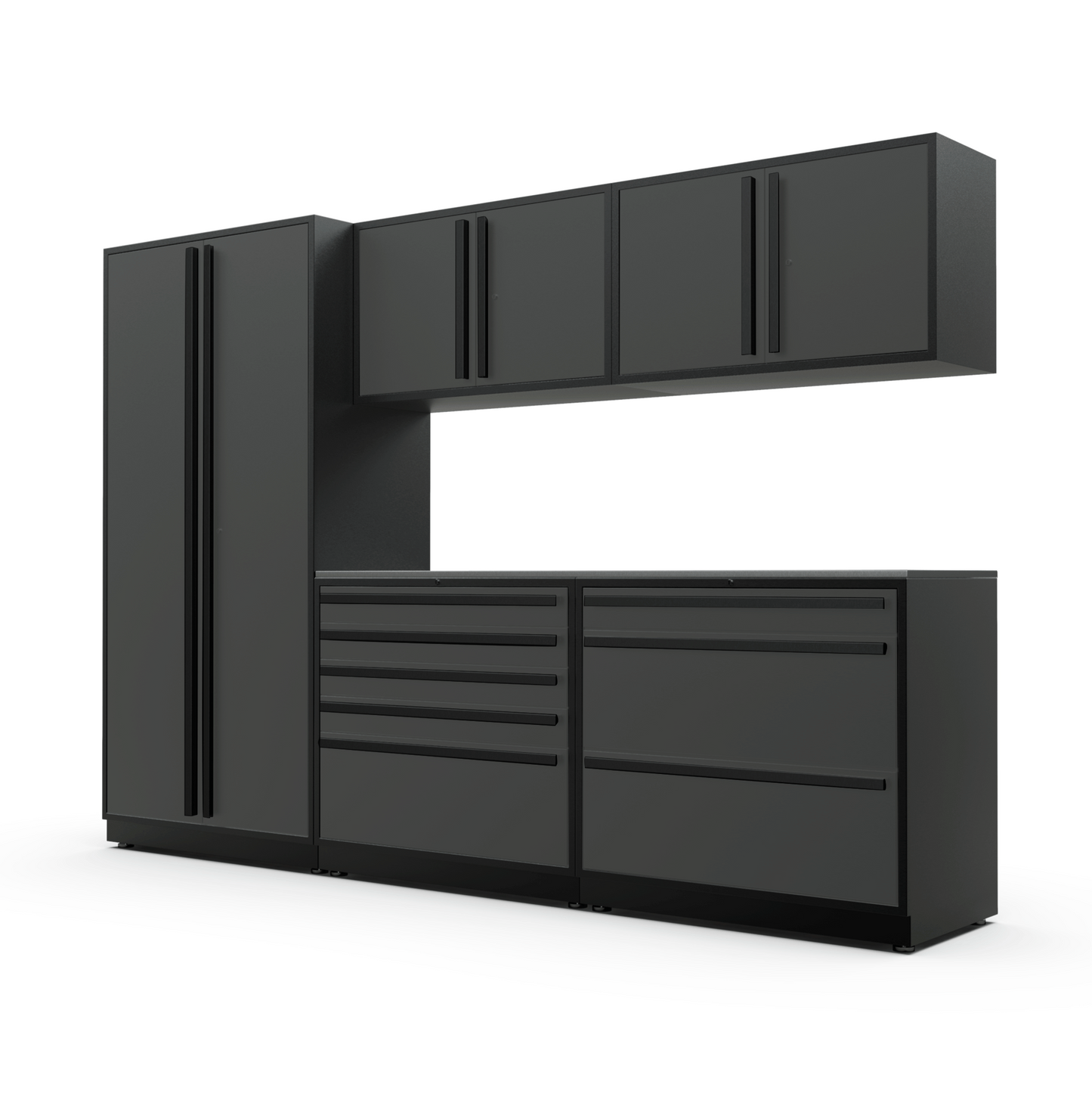 Proslat FusionPlus 10 ft TOOL garage cabinet set in Traffic Gray with Black handles and a Stainless Steel worktop