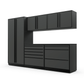 Proslat FusionPlus 10 ft TOOL garage cabinet set in Traffic Gray with Black handles and a Powder Coated worktop