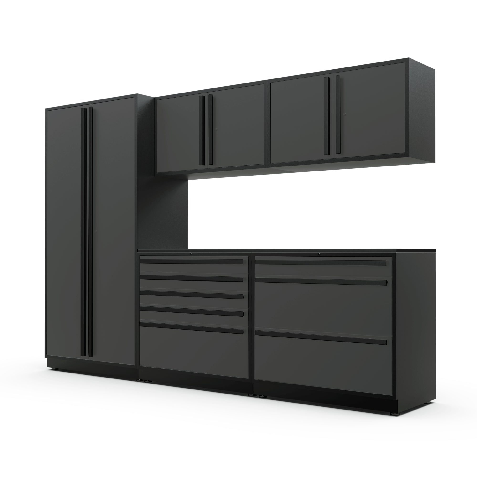 Proslat FusionPlus 10 ft TOOL garage cabinet set in Traffic Gray with Black handles and a Powder Coated worktop