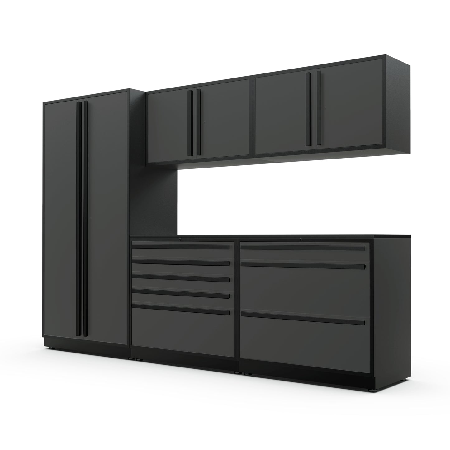 Proslat FusionPlus 10 ft TOOL garage cabinet set in Traffic Gray with Black handles and a Powder Coated worktop