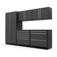 Proslat FusionPlus 10 ft TOOL garage cabinet set in Traffic Gray with Silver handles and a Powder Coated worktop