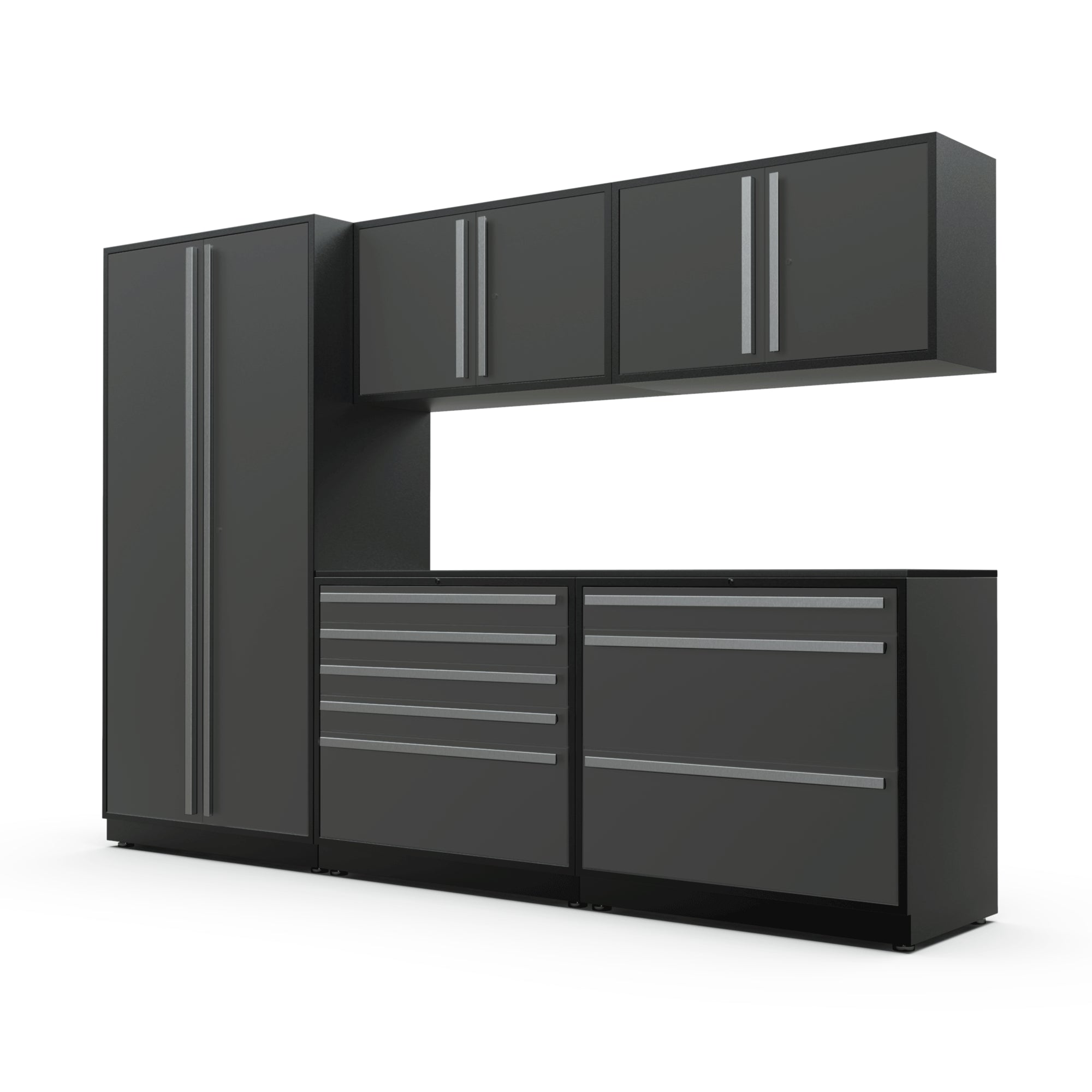 Proslat FusionPlus 10 ft TOOL garage cabinet set in Traffic Gray with Silver handles and a Powder Coated worktop