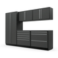 Proslat FusionPlus 10 ft TOOL garage cabinet set in Traffic Gray with Silver handles and a Stainless Steel worktop