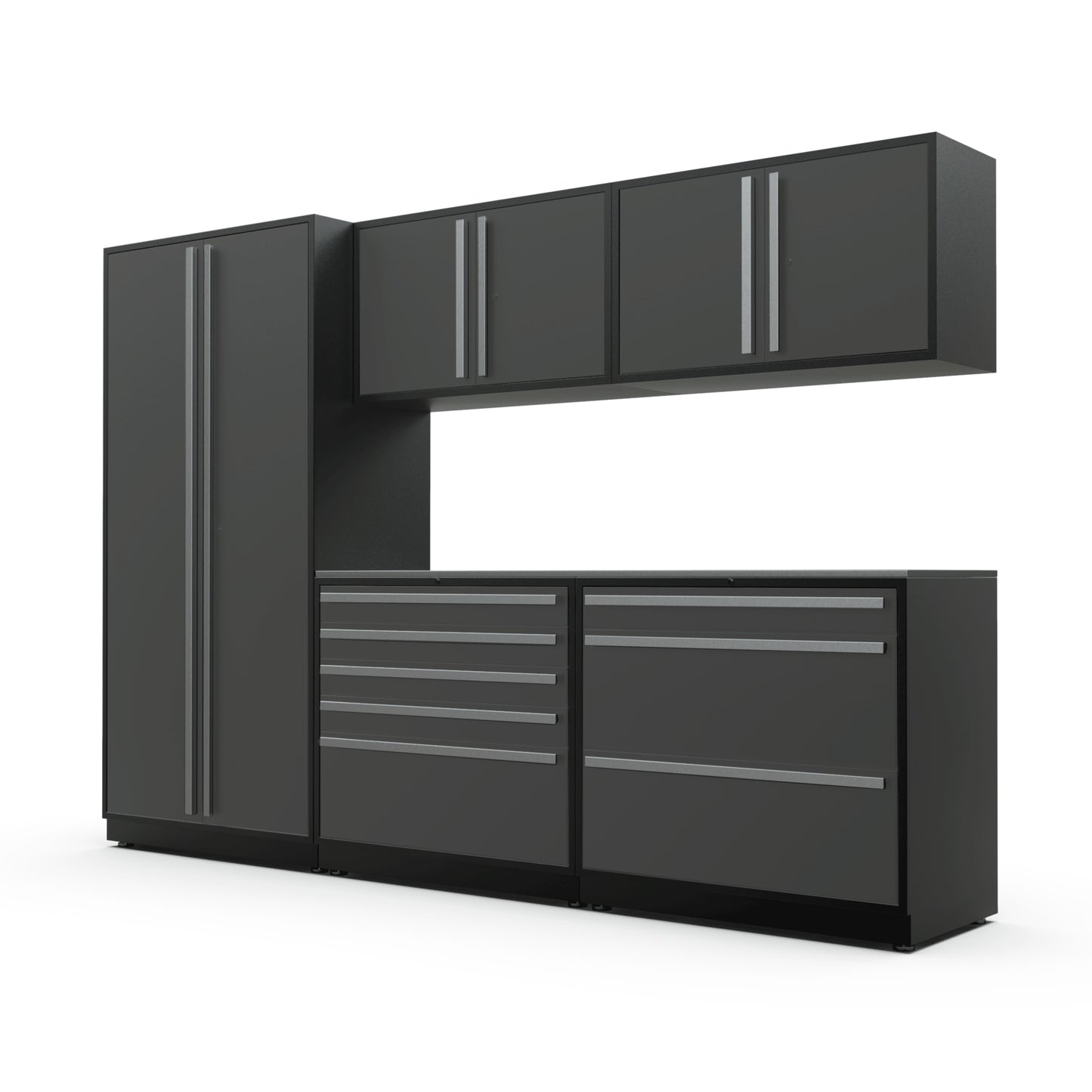 Proslat FusionPlus 10 ft TOOL garage cabinet set in Traffic Gray with Silver handles and a Stainless Steel worktop