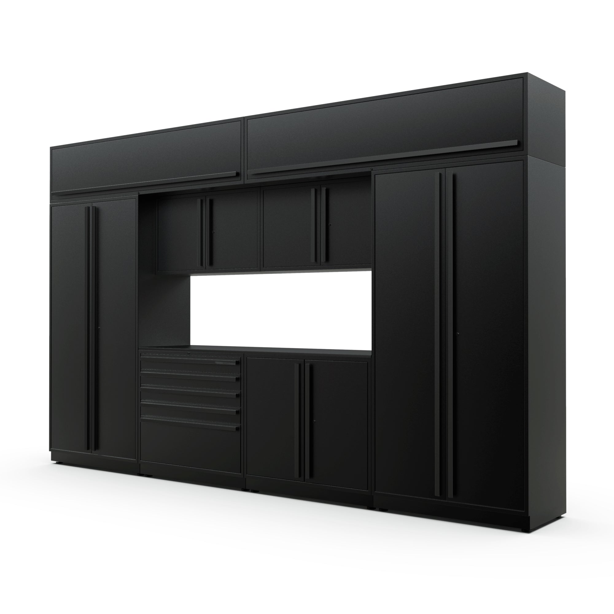 Proslat FusionPlus 13 ft MAX cabinet set with overheads in Black with Black handles and a Powder Coated worktop