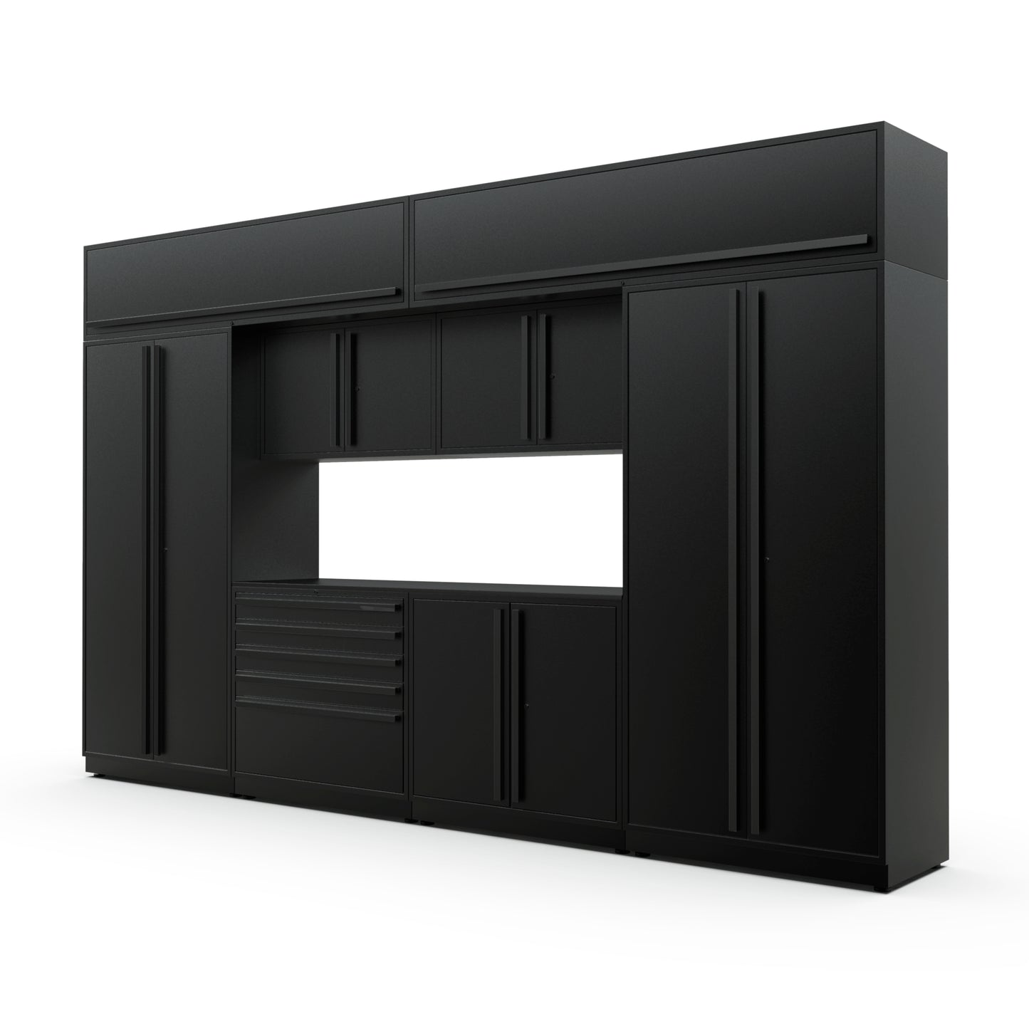 Proslat FusionPlus 13 ft MAX cabinet set with overheads in Black with Black handles and a Powder Coated worktop