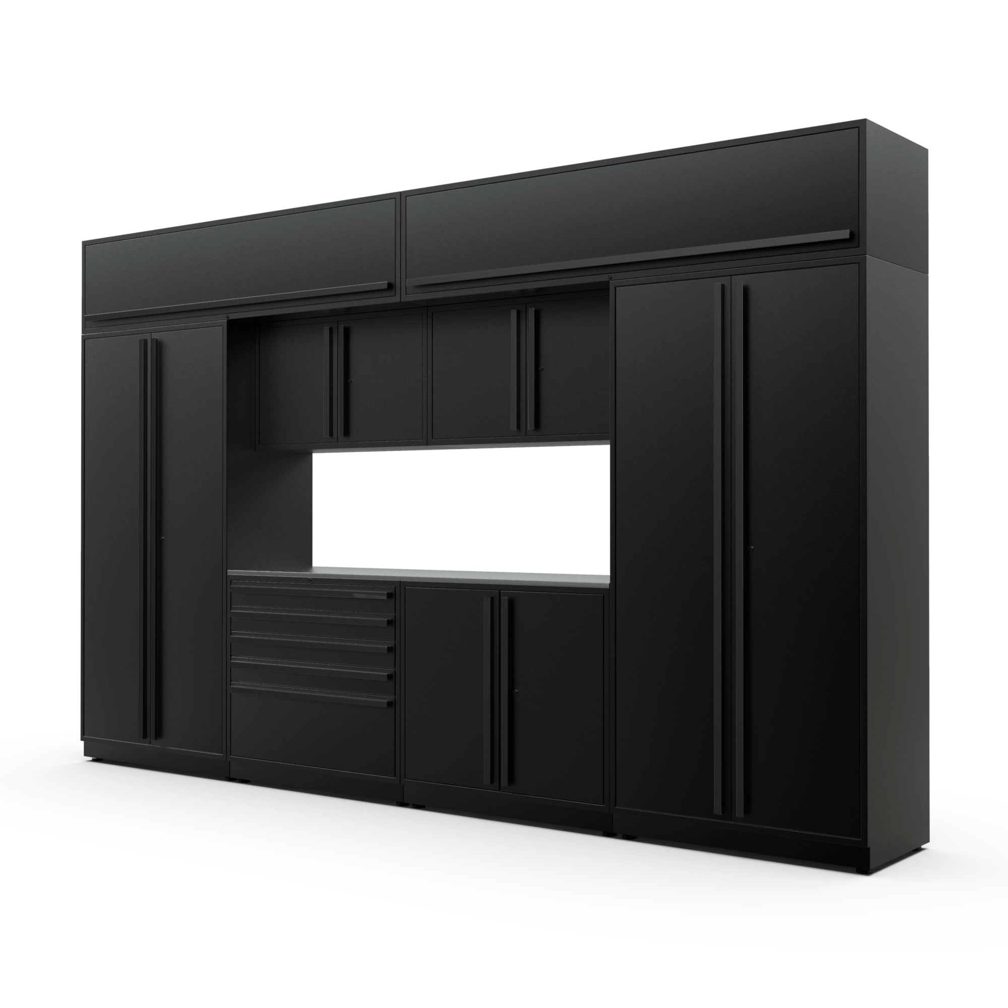 Proslat FusionPlus 13 ft MAX cabinet set with overheads in Black with Black handles and a Stainless Steel worktop