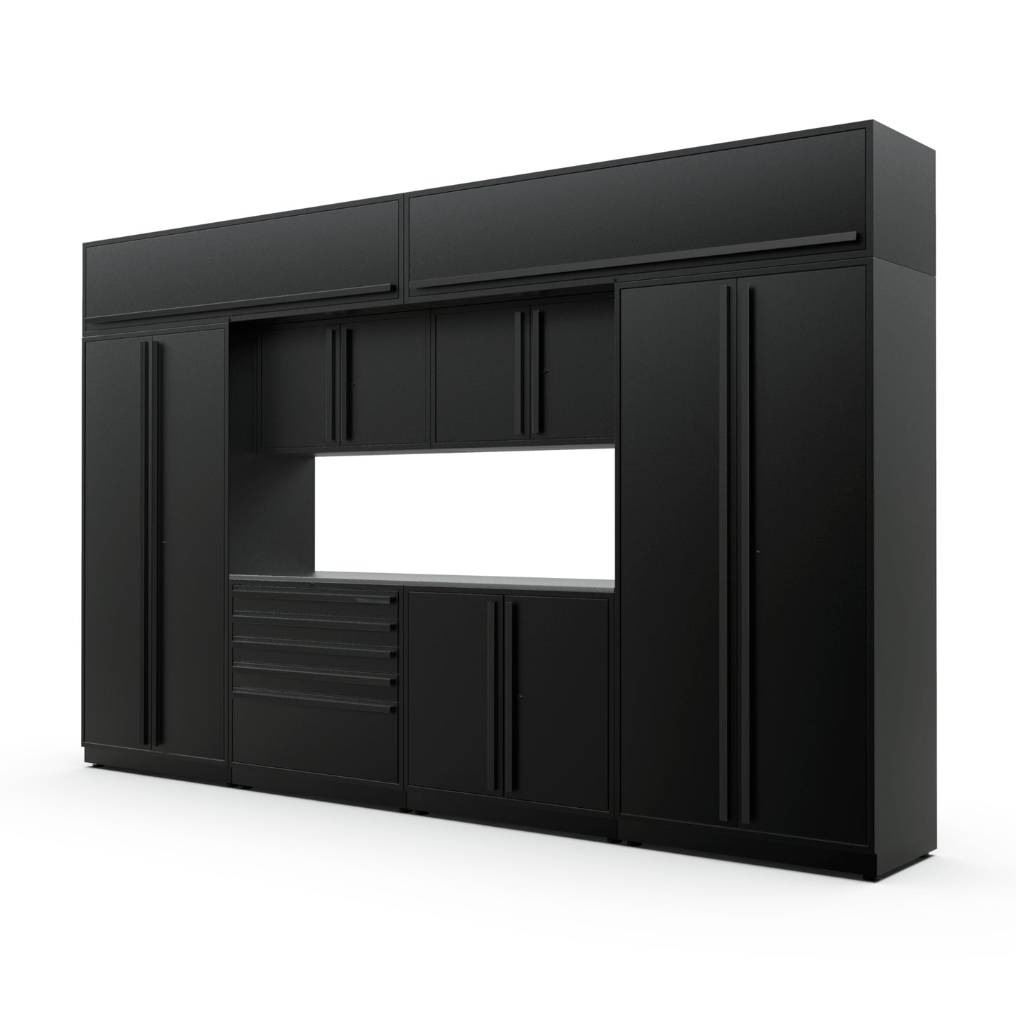 Proslat FusionPlus 13 ft MAX cabinet set with overheads in Black with Black handles and a Stainless Steel worktop