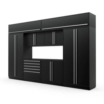 Proslat FusionPlus 13 ft MAX cabinet set with overheads in Black with Silver handles and a Powder Coated worktop