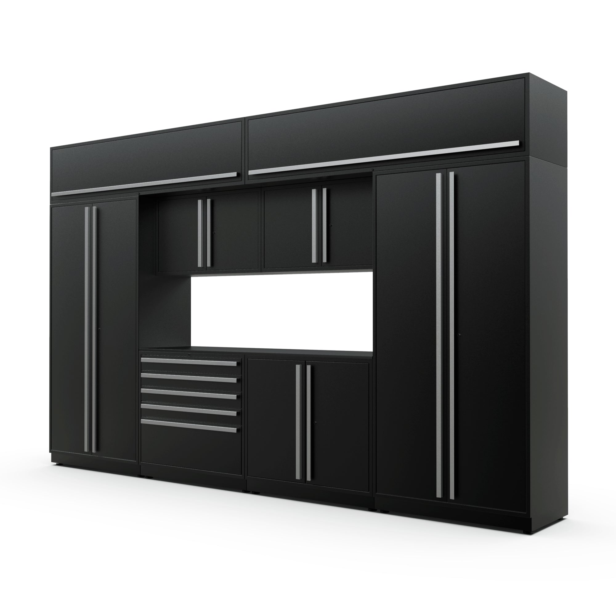 Proslat FusionPlus 13 ft MAX cabinet set with overheads in Black with Silver handles and a Powder Coated worktop