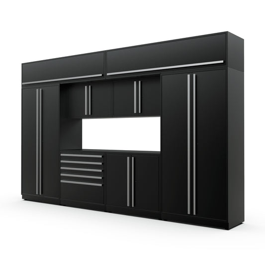 Proslat FusionPlus 13 ft MAX cabinet set with overheads in Black with Silver handles and a Powder Coated worktop