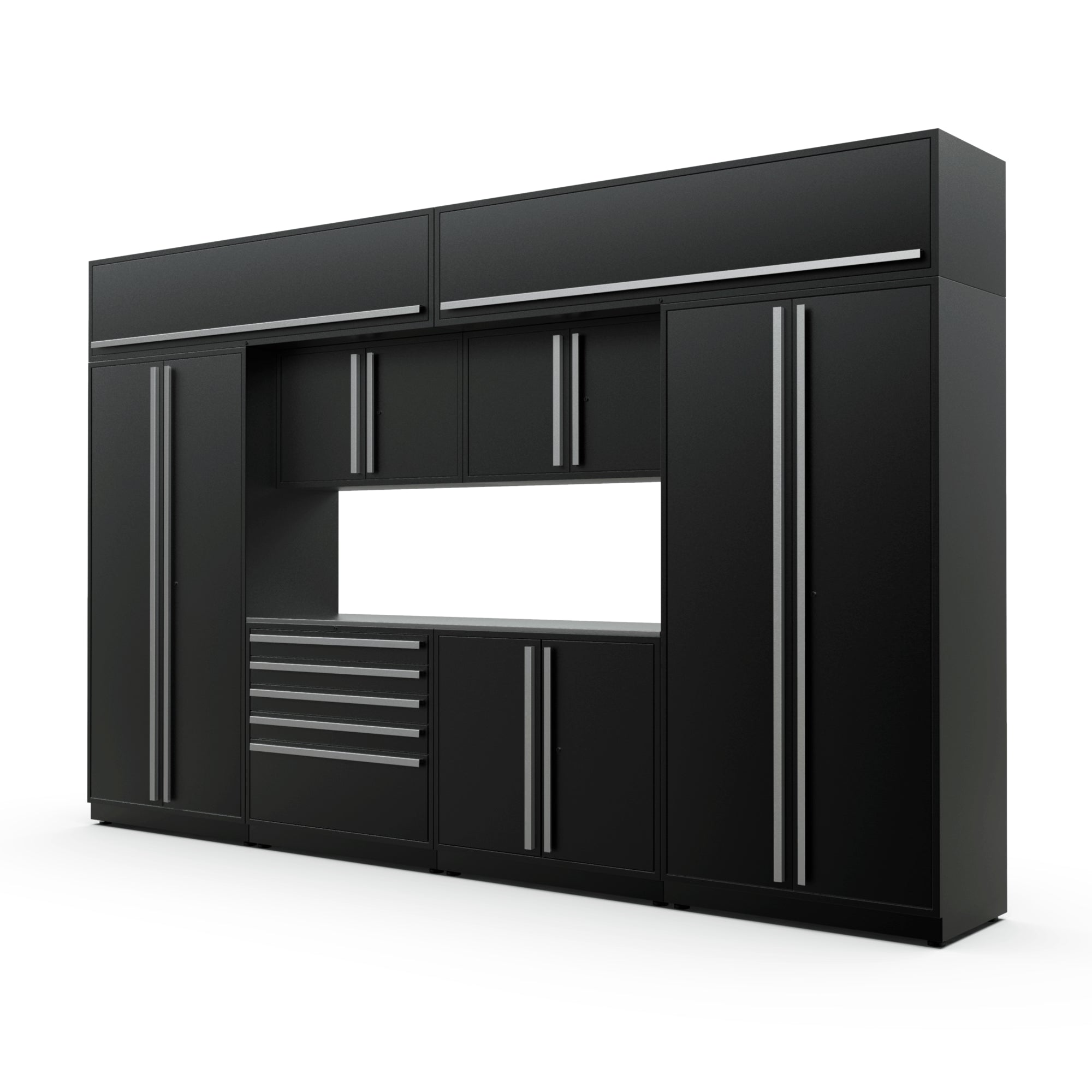 Proslat FusionPlus 13 ft MAX cabinet set with overheads in Black with Silver handles and a Stainless Steel worktop