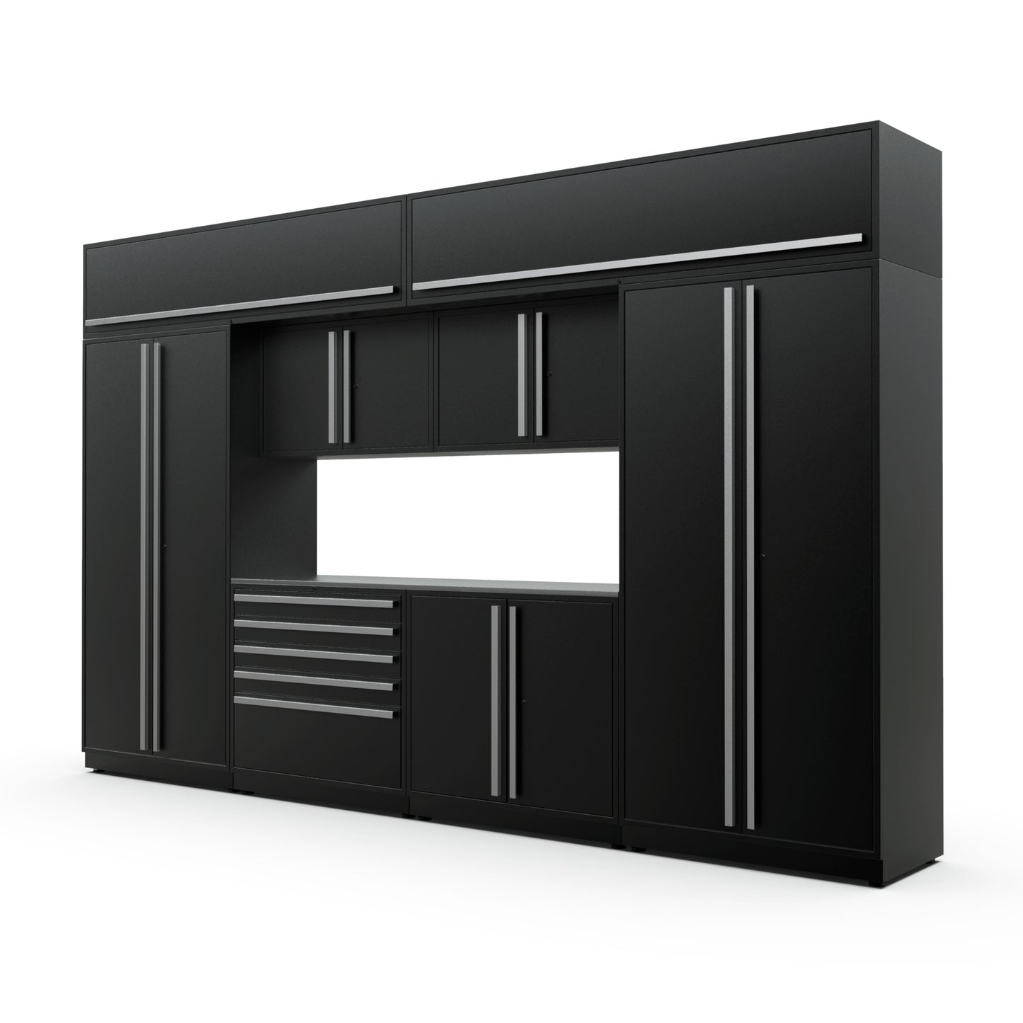 Proslat FusionPlus 13 ft MAX cabinet set with overheads in Black with Silver handles and a Stainless Steel worktop
