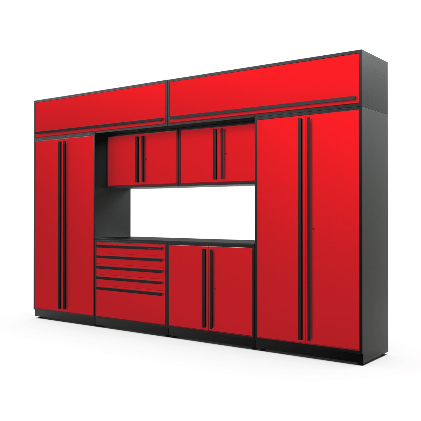 Proslat FusionPlus 13 ft MAX cabinet set with overheads in Traffic Red with Black handles and a Powder Coated worktop