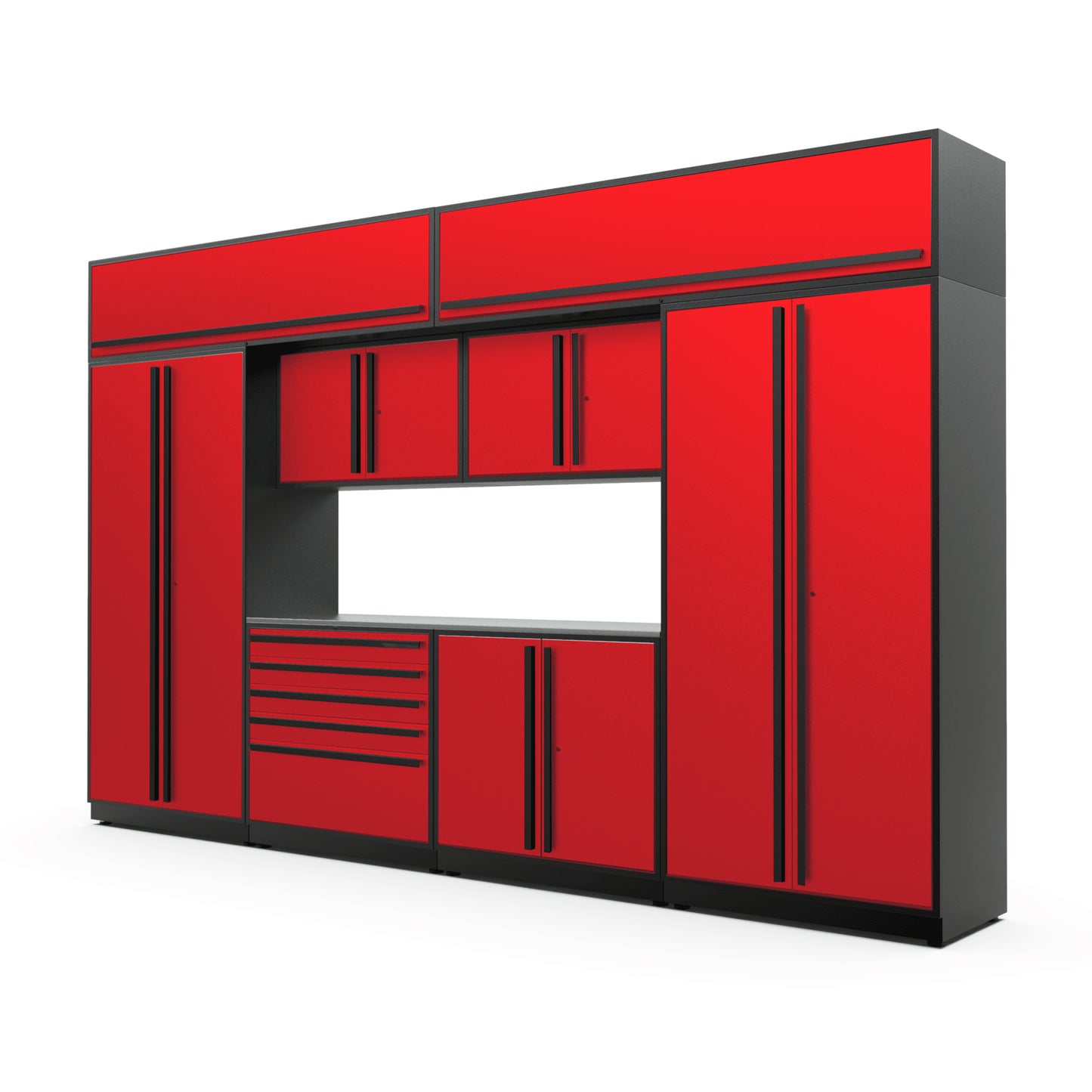Proslat FusionPlus 13 ft MAX cabinet set with overheads in Traffic Red with Black handles and a Stainless Steel worktop