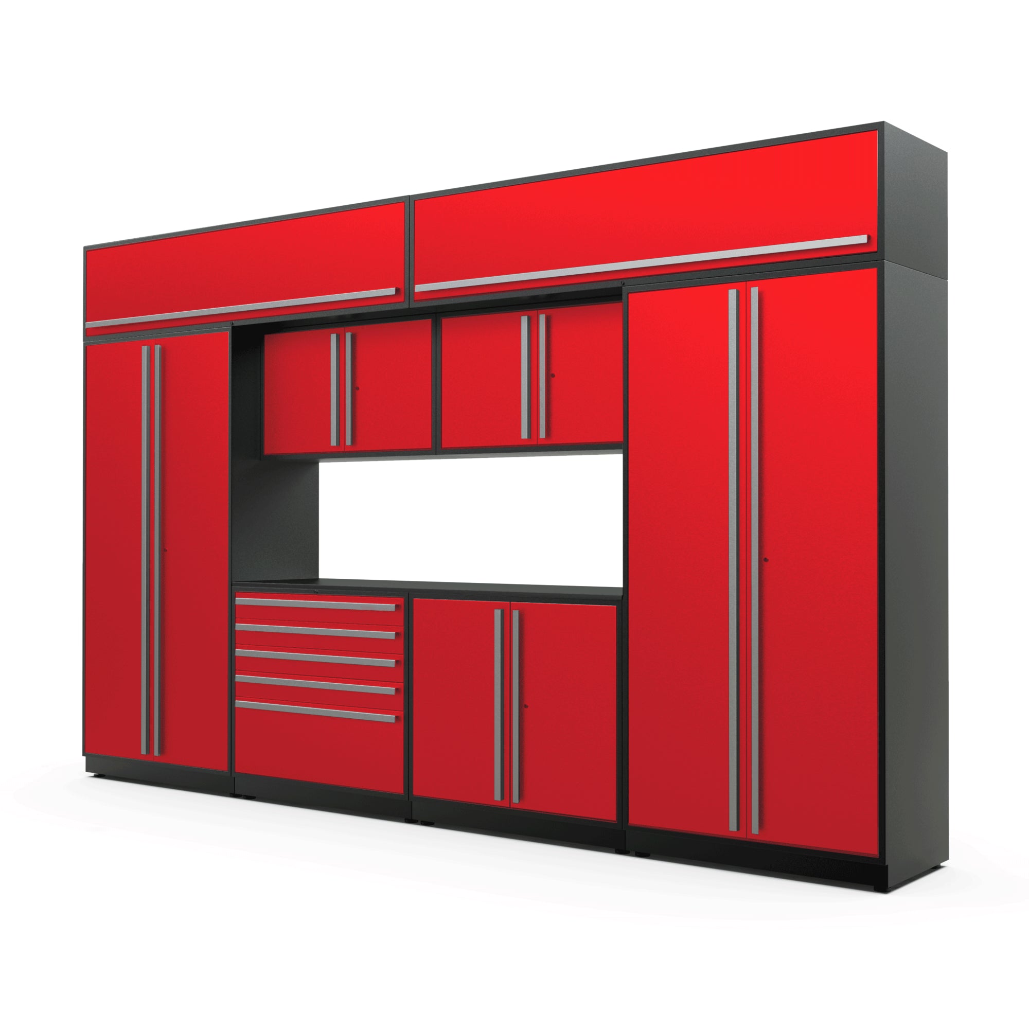 Proslat FusionPlus 13 ft MAX cabinet set with overheads in Traffic Red with Silver handles and a Powder Coated worktop