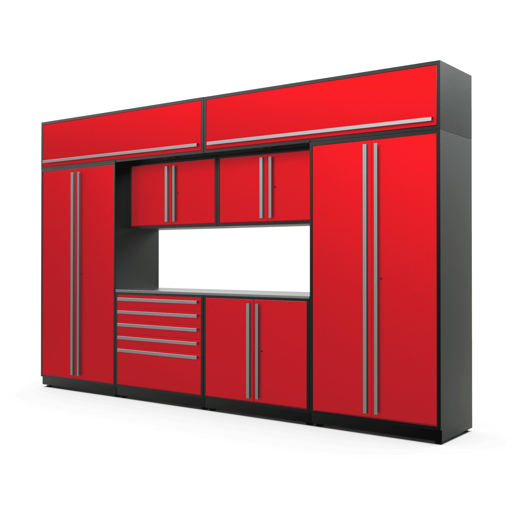 Proslat FusionPlus 13 ft MAX cabinet set with overheads in Traffic Red with Silver handles and a Stainless Steel worktop