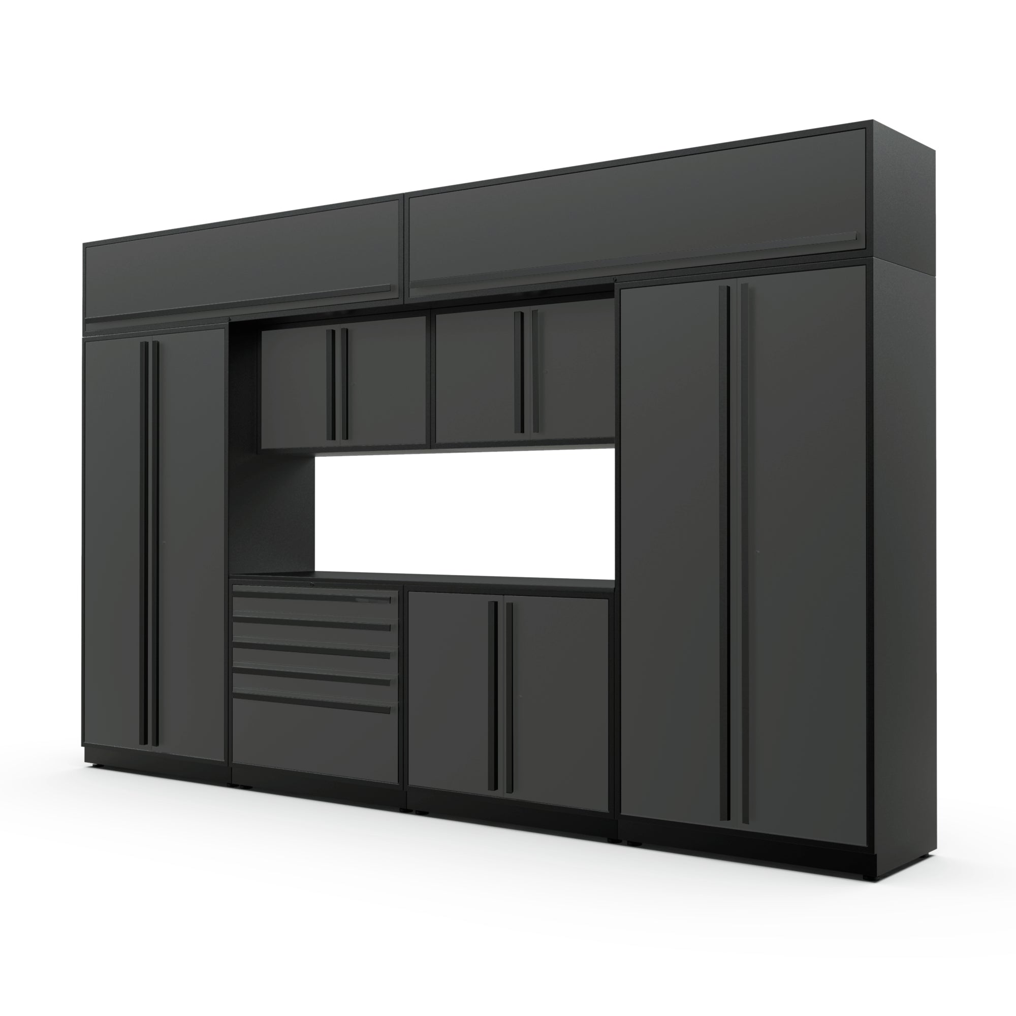 Proslat FusionPlus 13 ft MAX cabinet set with overheads in Traffic Gray with Black handles and a Powder Coated worktop