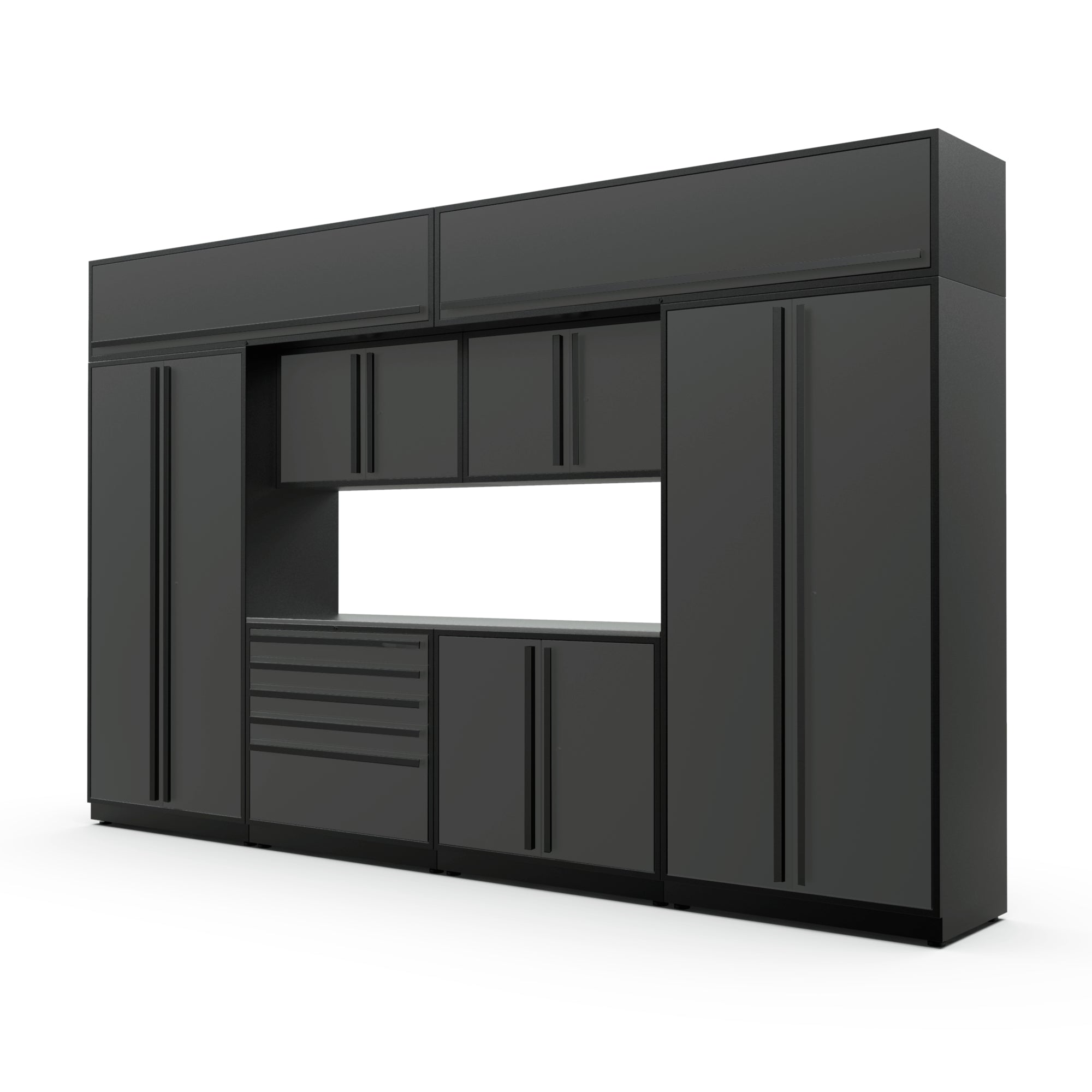 Proslat FusionPlus 13 ft MAX cabinet set with overheads in Traffic Gray with Black handles and a Stainless Steel worktop