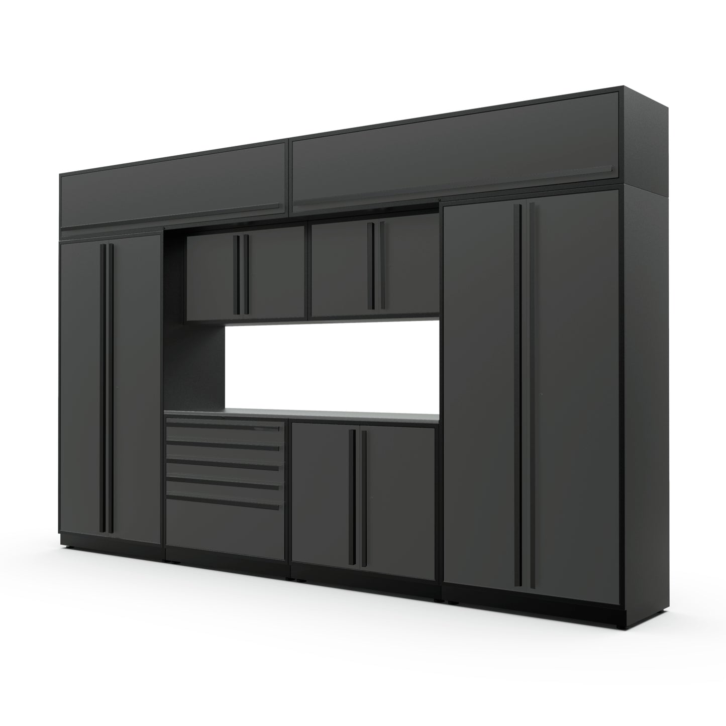 Proslat FusionPlus 13 ft MAX cabinet set with overheads in Traffic Gray with Black handles and a Stainless Steel worktop