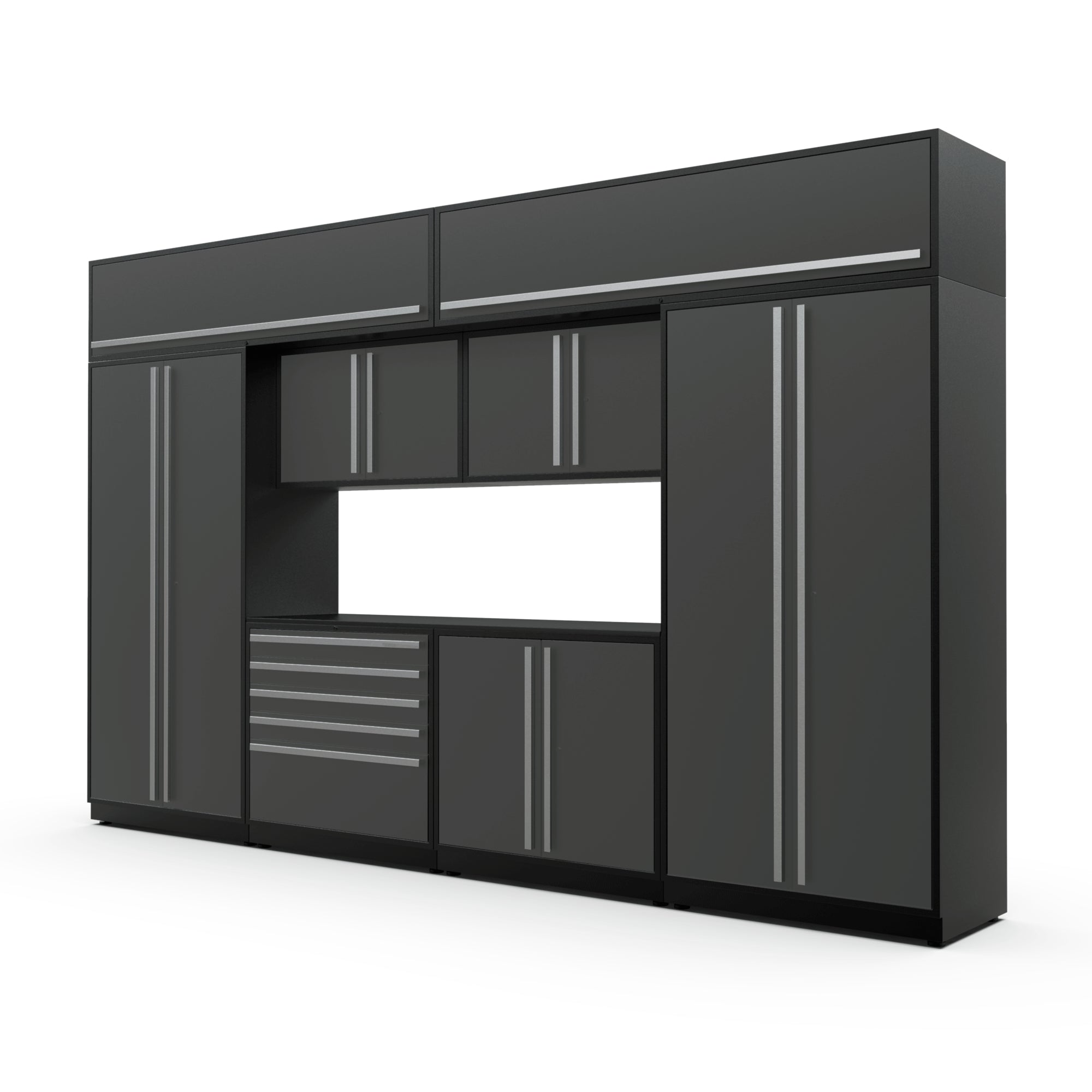 Proslat FusionPlus 13 ft MAX cabinet set with overheads in Traffic Gray with Silver handles and a Powder Coated worktop