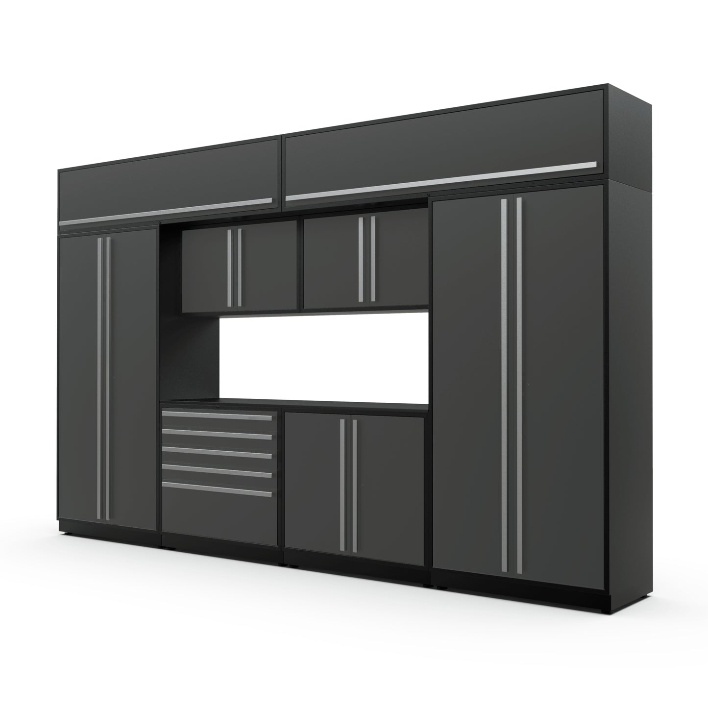 Proslat FusionPlus 13 ft MAX cabinet set with overheads in Traffic Gray with Silver handles and a Powder Coated worktop