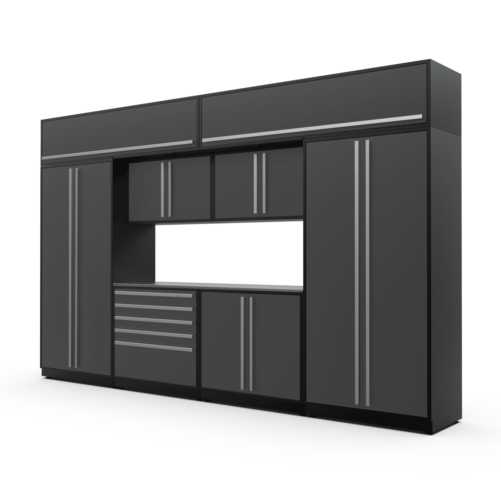Proslat FusionPlus 13 ft MAX cabinet set with overheads in Traffic Gray with Silver handles and a Stainless Steel worktop