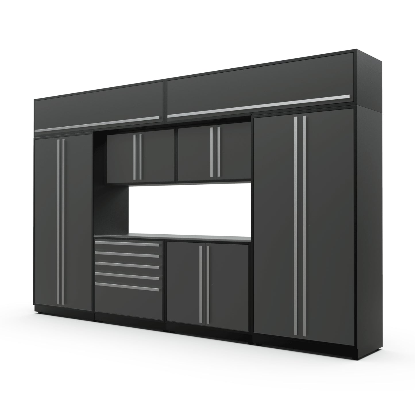 Proslat FusionPlus 13 ft MAX cabinet set with overheads in Traffic Gray with Silver handles and a Stainless Steel worktop