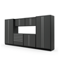 Proslat FusionPlus 13 ft MAX garage cabinet set in Traffic Gray with Silver handles and a Stainless Steel worktop