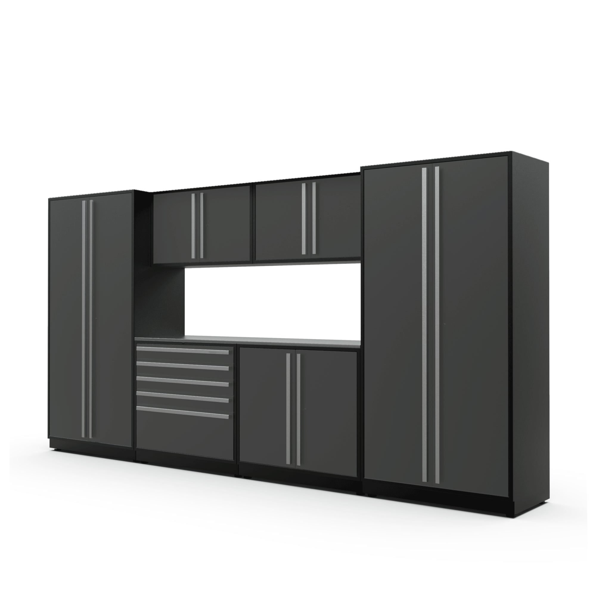 Proslat FusionPlus 13 ft MAX garage cabinet set in Traffic Gray with Silver handles and a Stainless Steel worktop