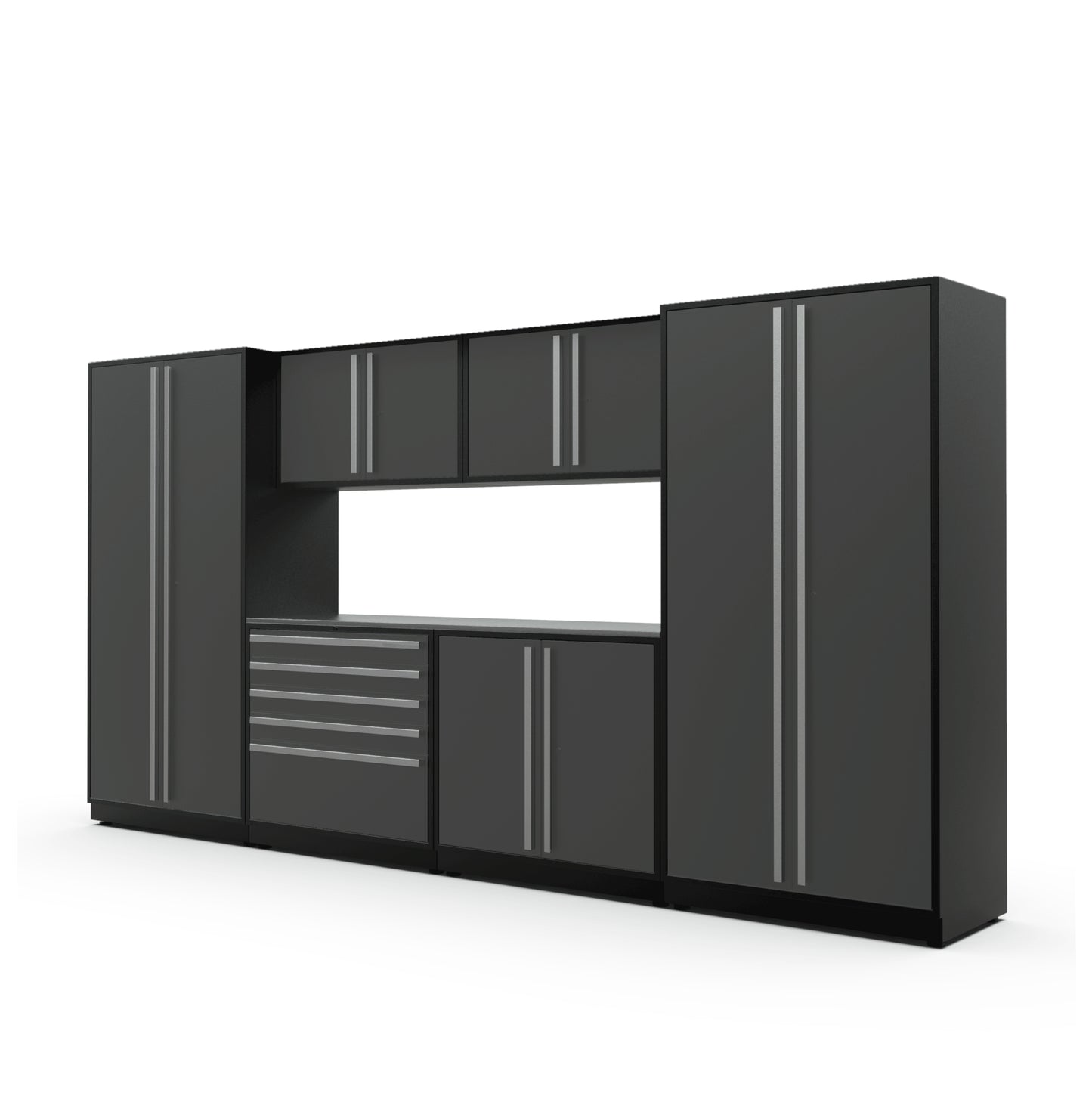 Proslat FusionPlus 13 ft MAX garage cabinet set in Traffic Gray with Silver handles and a Stainless Steel worktop