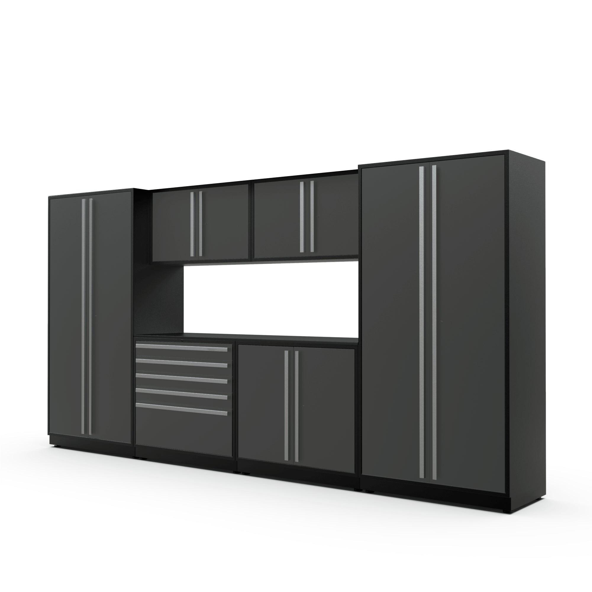 Proslat FusionPlus 13 ft MAX garage cabinet set in Traffic Gray with Silver handles and a Powder Coated worktop