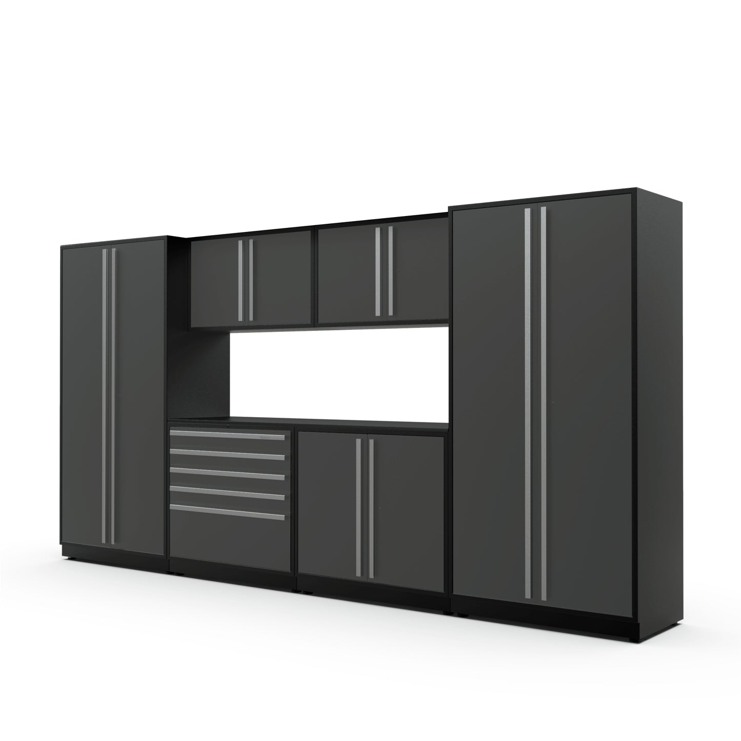 Proslat FusionPlus 13 ft MAX garage cabinet set in Traffic Gray with Silver handles and a Powder Coated worktop