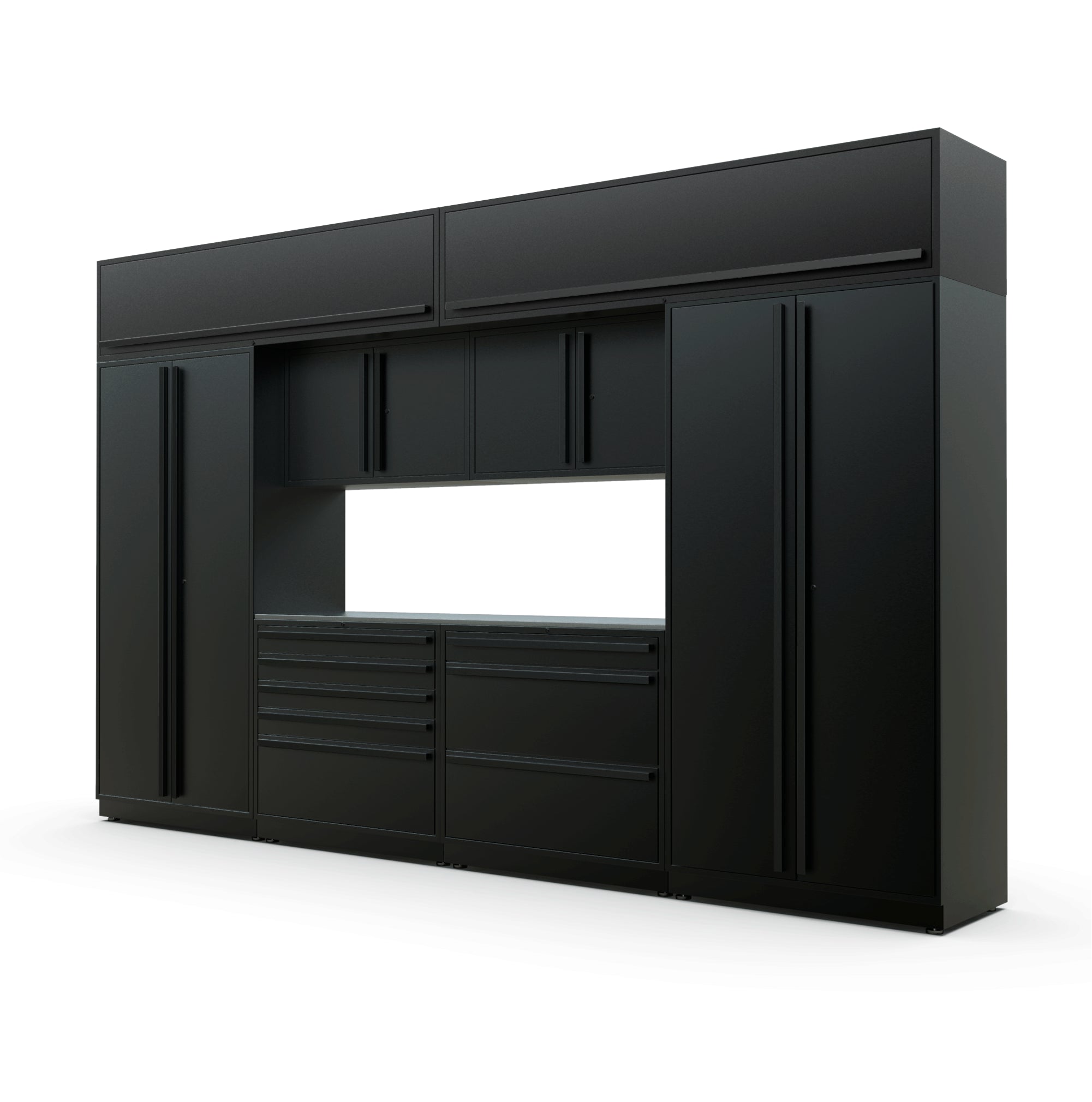 Proslat FusionPlus 13 ft TOOL garage cabinet set with overheads in Black with Black handles and a Stainless Steel worktop