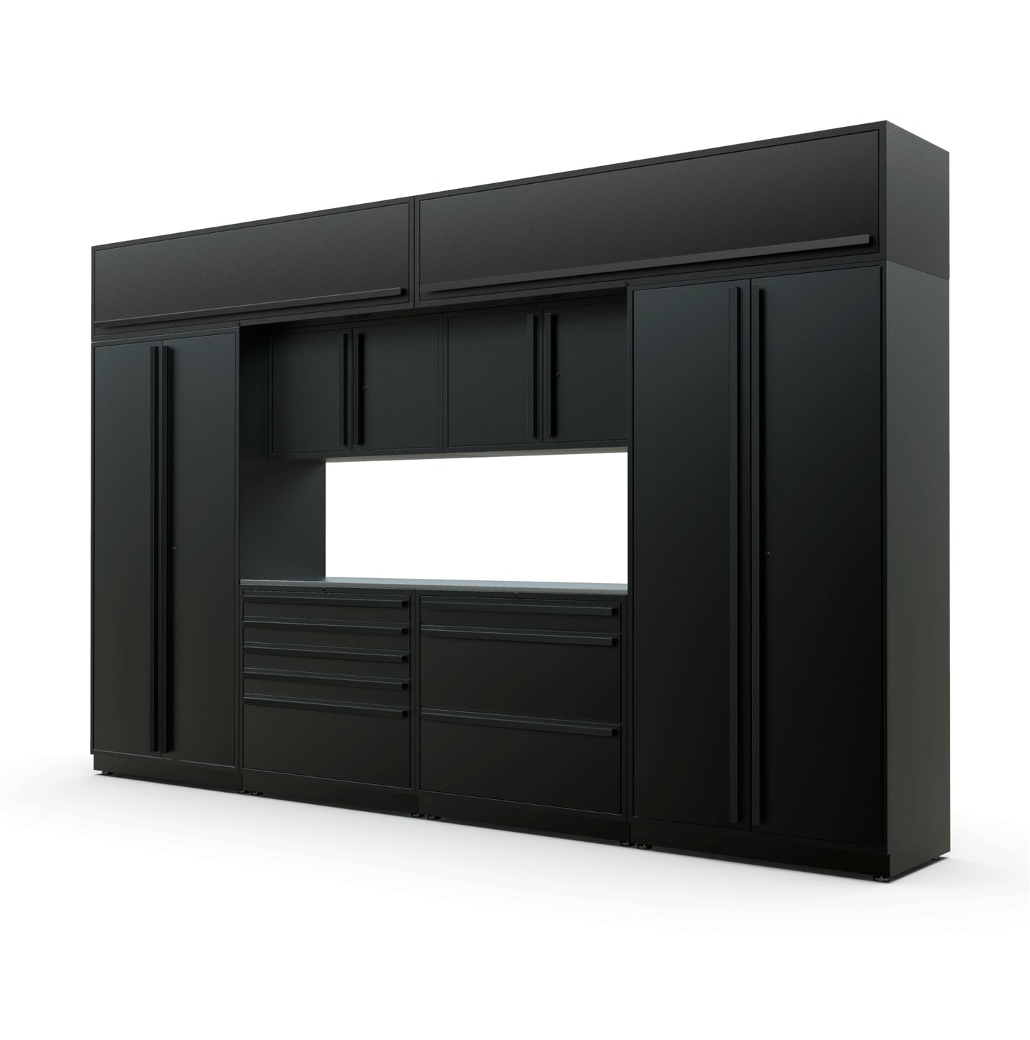 Proslat FusionPlus 13 ft TOOL garage cabinet set with overheads in Black with Black handles and a Stainless Steel worktop