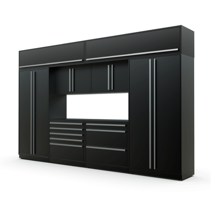 Proslat FusionPlus 13 ft TOOL garage cabinet set with overheads in Black with Silver handles and a Powder Coated worktop