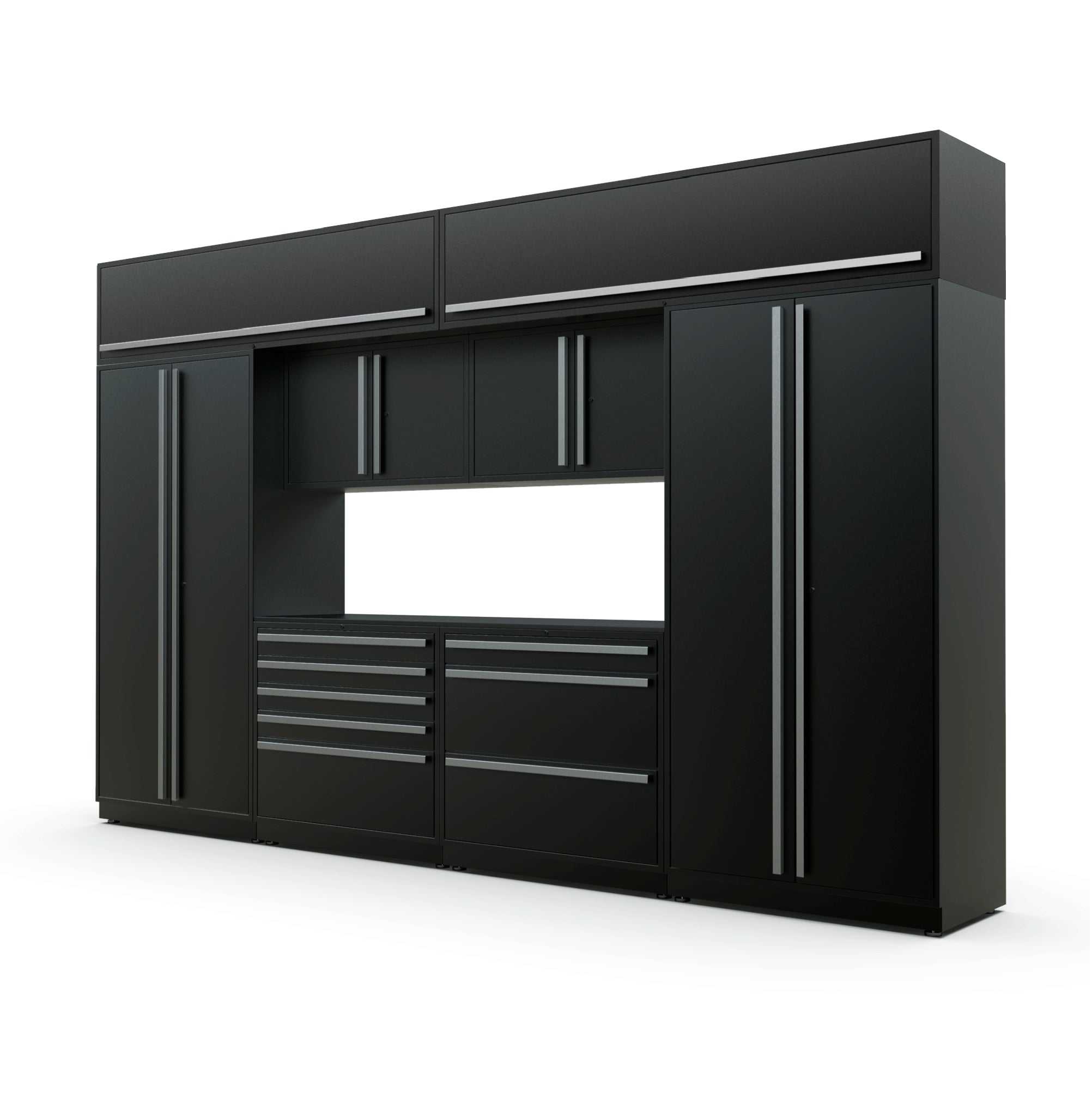 Proslat FusionPlus 13 ft TOOL garage cabinet set with overheads in Black with Silver handles and a Powder Coated worktop