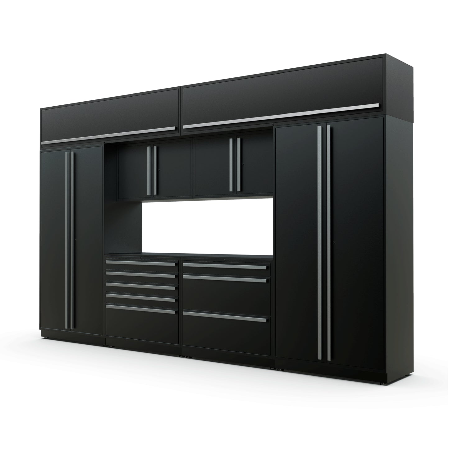 Proslat FusionPlus 13 ft TOOL garage cabinet set with overheads in Black with Silver handles and a Powder Coated worktop