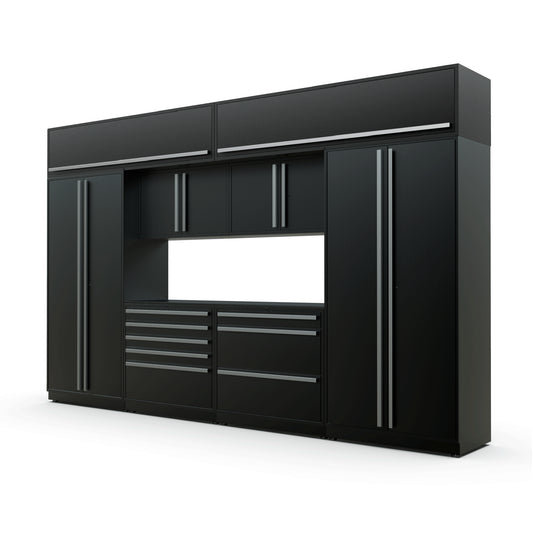 Proslat FusionPlus 13 ft TOOL garage cabinet set with overheads in Black with Silver handles and a Powder Coated worktop