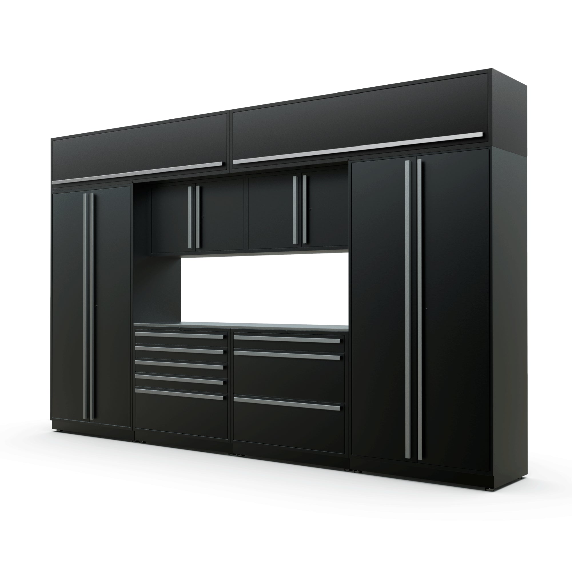 Proslat FusionPlus 13 ft TOOL garage cabinet set with overheads in Black with Silver handles and a Stainless Steel worktop