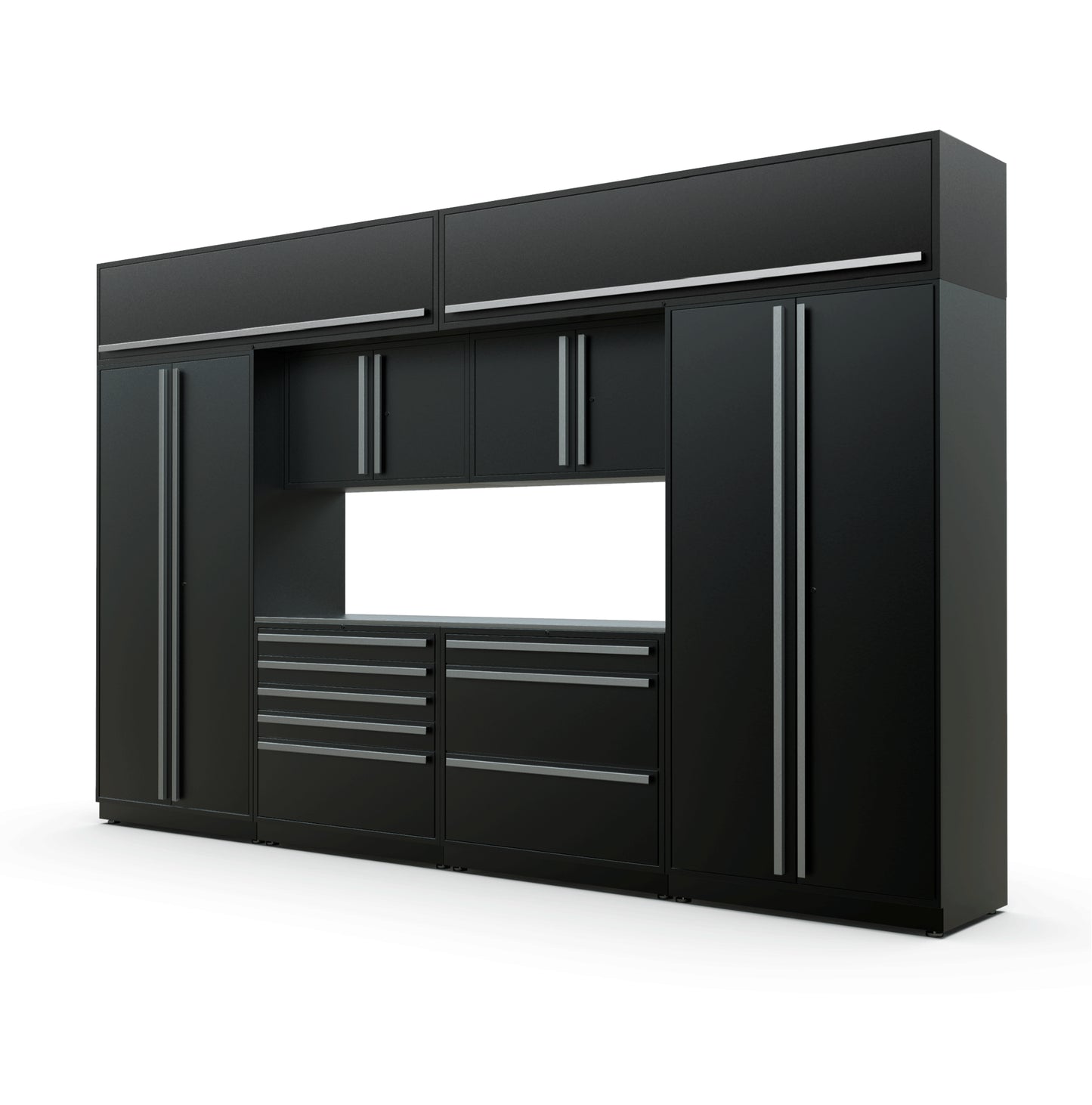 Proslat FusionPlus 13 ft TOOL garage cabinet set with overheads in Black with Silver handles and a Stainless Steel worktop