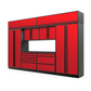 Proslat FusionPlus 13 ft TOOL garage cabinet set with overheads in Traffic Red with Black handles and a Powder Coated worktop