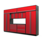 Proslat FusionPlus 13 ft TOOL garage cabinet set with overheads in Traffic Red with Silver handles and a Powder Coated worktop