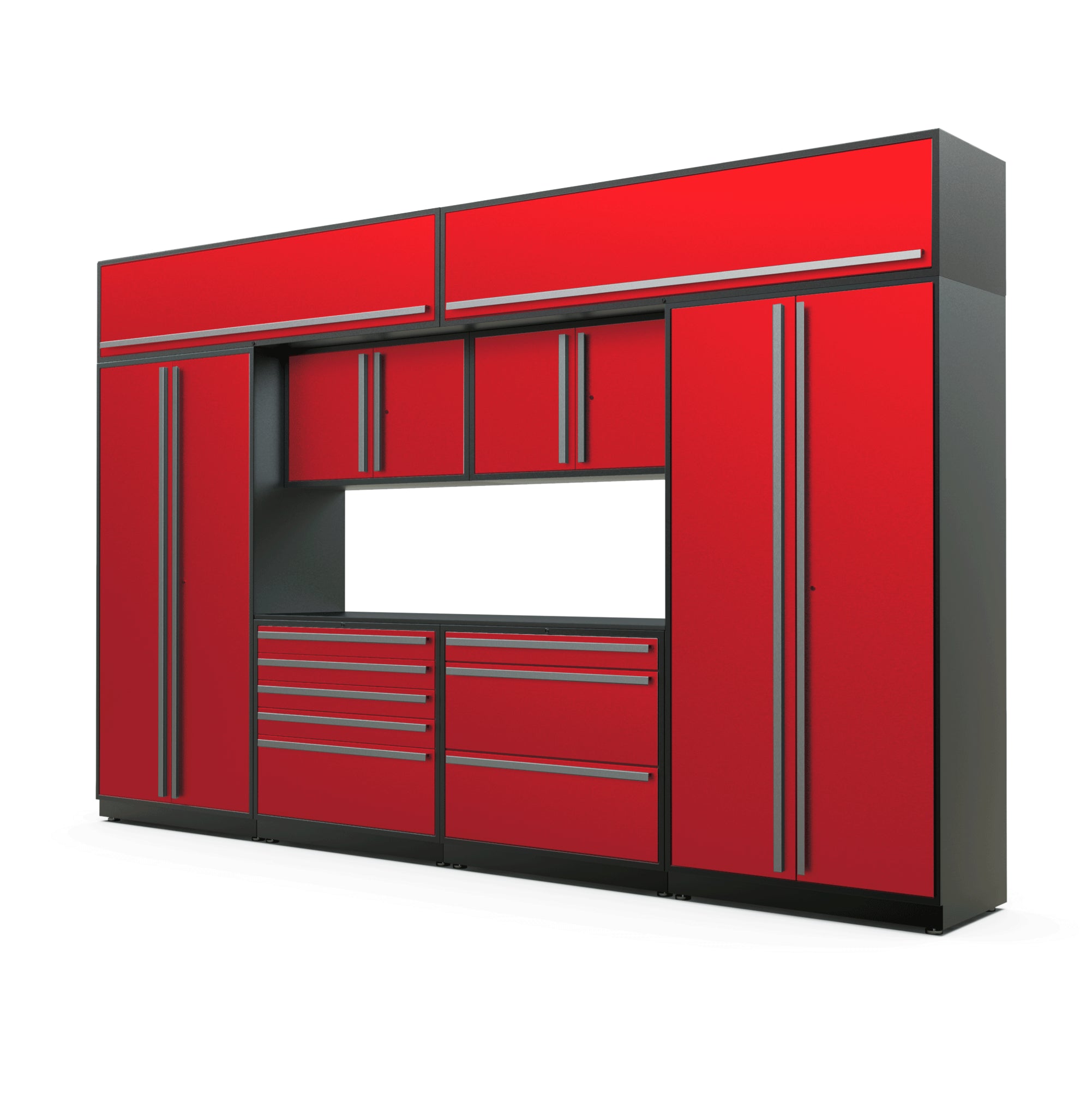 Proslat FusionPlus 13 ft TOOL garage cabinet set with overheads in Traffic Red with Silver handles and a Powder Coated worktop