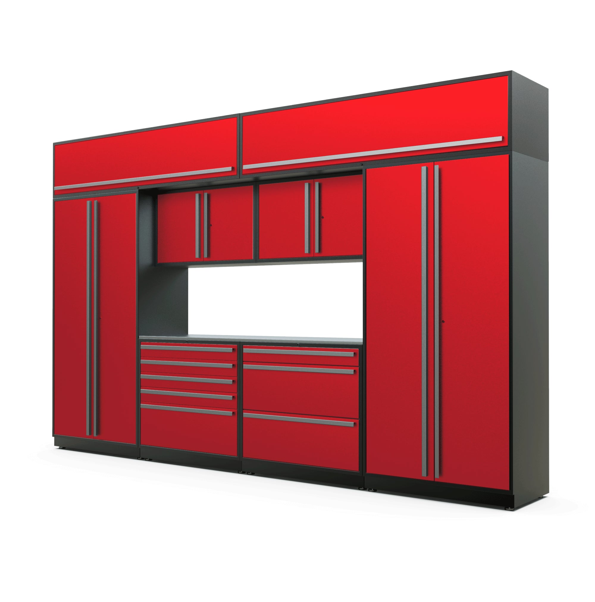 Proslat FusionPlus 13 ft TOOL garage cabinet set with overheads in Traffic Red with Silver handles and a Stainless Steel worktop