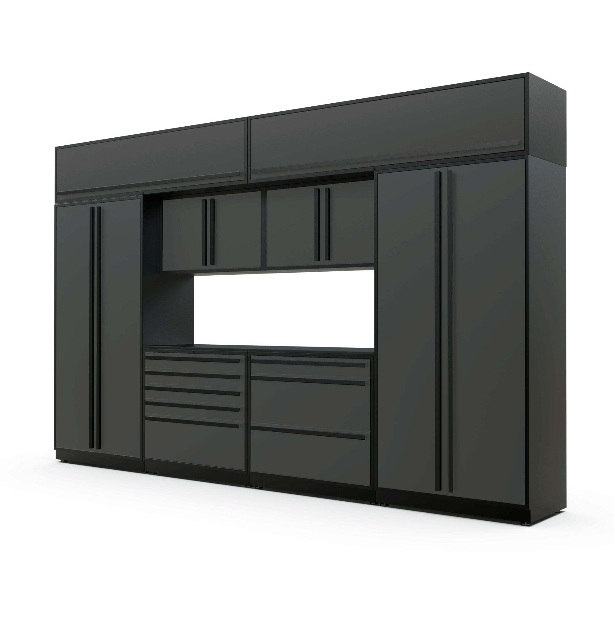 Proslat FusionPlus 13 ft TOOL garage cabinet set with overheads in Traffic Gray with Black handles and a Powder Coated worktop