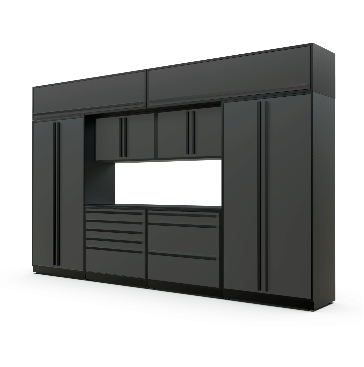Proslat FusionPlus 13 ft TOOL garage cabinet set with overheads in Traffic Gray with Black handles and a Powder Coated worktop