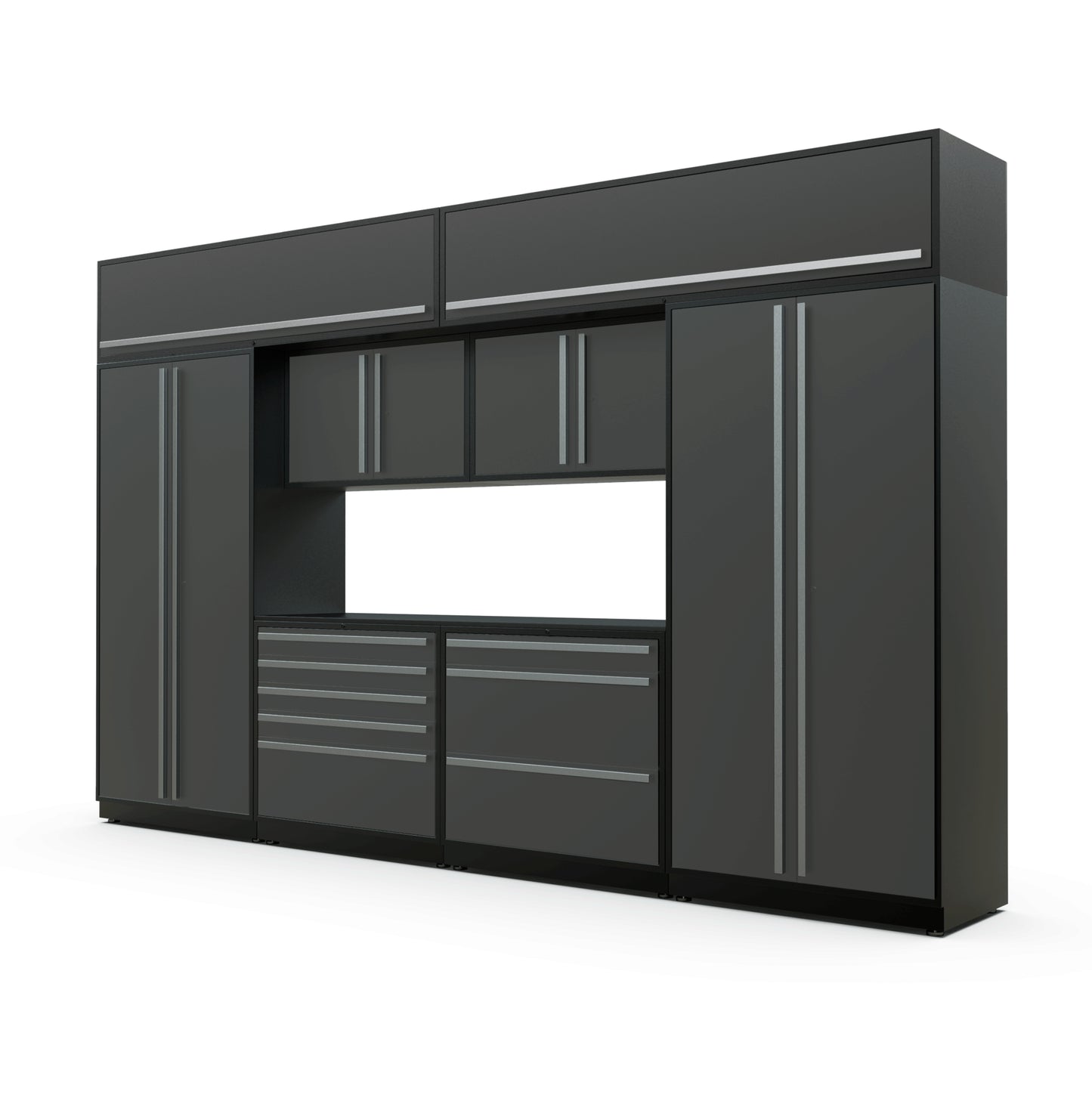 Proslat FusionPlus 13 ft TOOL garage cabinet set with overheads in Traffic Gray with Silver handles and a Powder Coated worktop